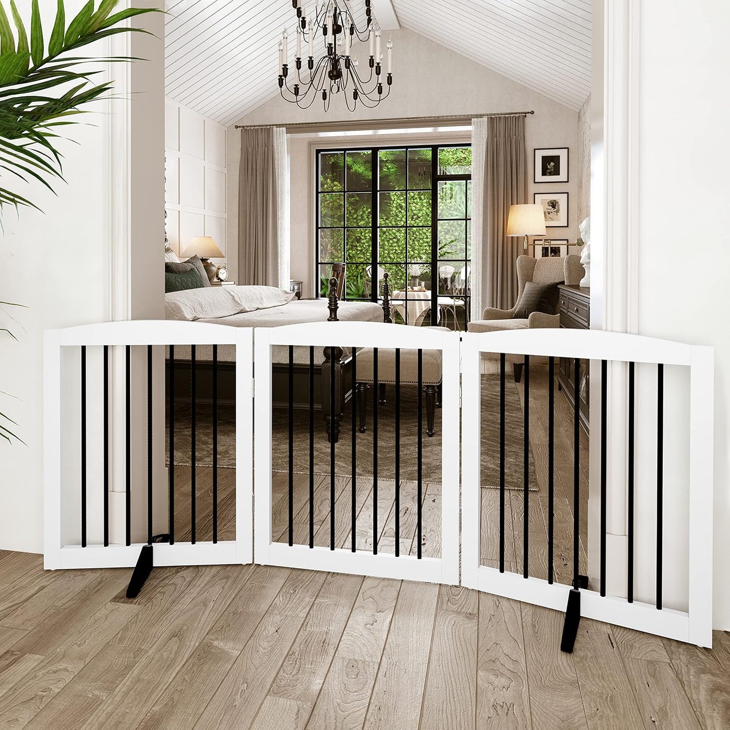 Freestanding Pet Gate for Dogs, Foldable Wooden Dog Gate for House, Indoor Dog Gate for Stair, Doorway, Gates for Dogs Indoor, 80 Inch Wide, 4 Panels 24",White