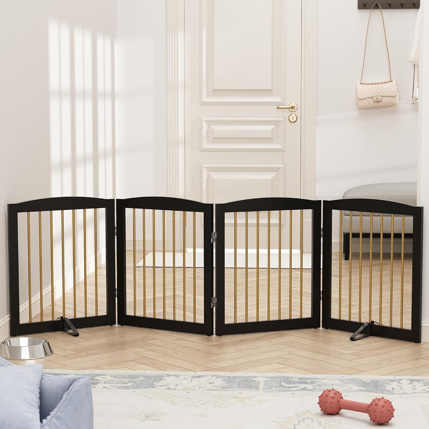 Freestanding Pet Gate for Dogs, Foldable Wooden Dog Gate for House, Indoor Dog Gate for Stair, Doorway, Gates for Dogs Indoor, 80 Inch Wide, 4 Panels 24",White