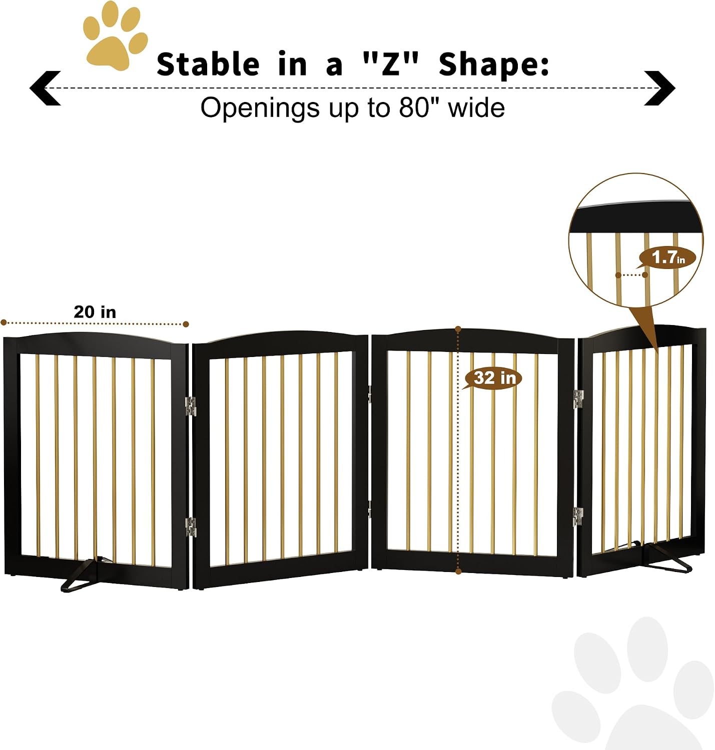 Freestanding Pet Gate for Dogs, Foldable Wooden Dog Gate for House, Indoor Dog Gate for Stair, Doorway, Gates for Dogs Indoor, 80 Inch Wide, 4 Panels 24",White