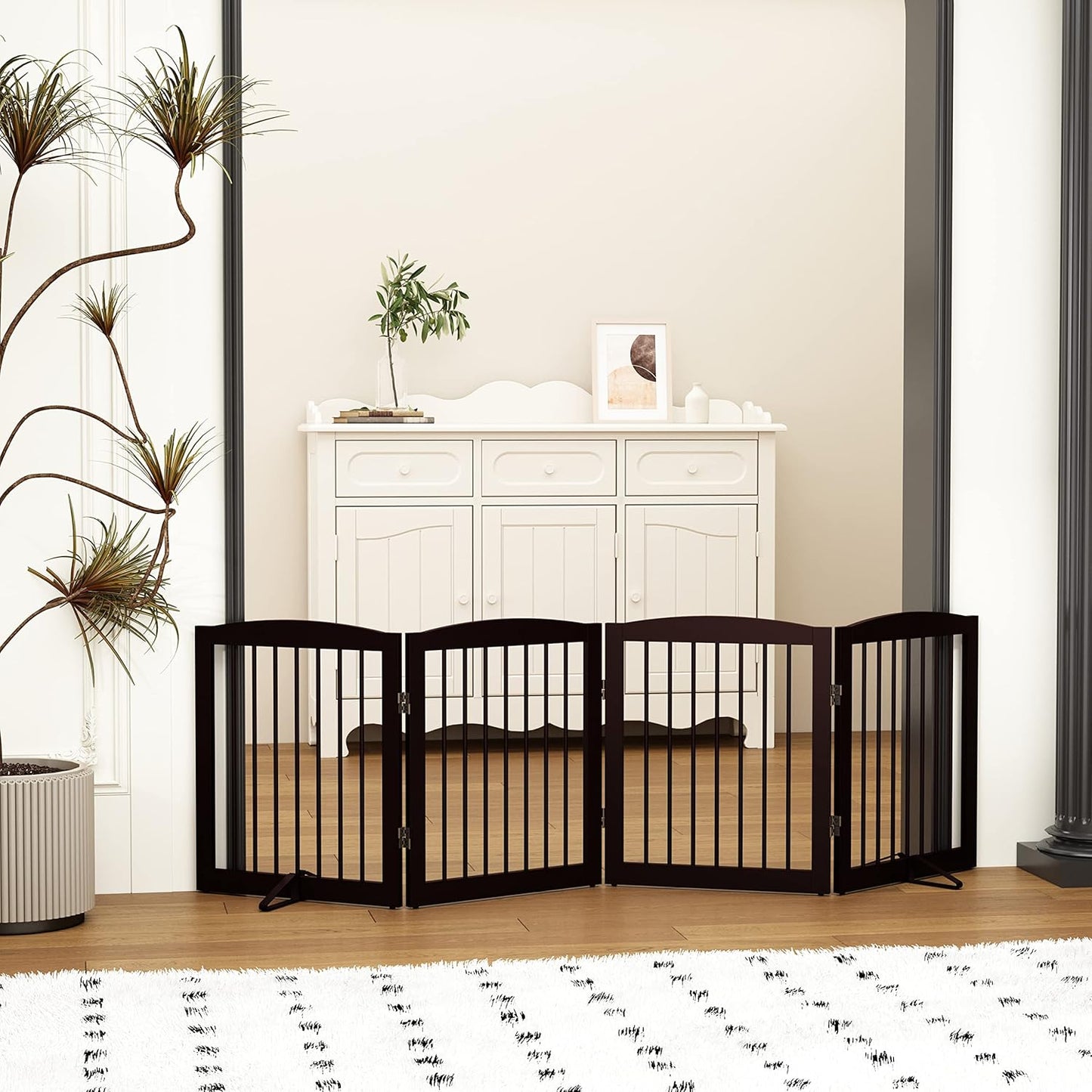 Freestanding Pet Gate for Dogs, Foldable Wooden Dog Gate for House, Indoor Dog Gate for Stair, Doorway, Gates for Dogs Indoor, 80 Inch Wide, 4 Panels 24",White