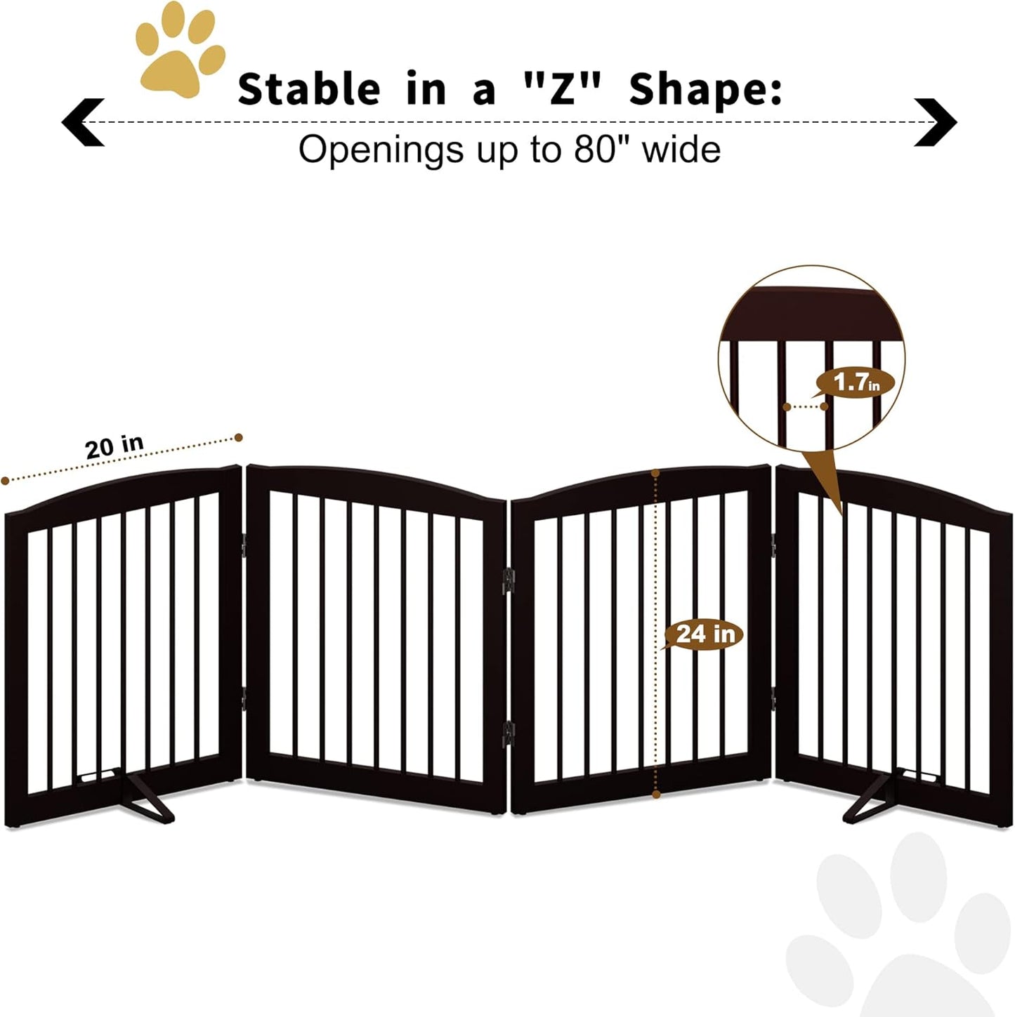 Freestanding Pet Gate for Dogs, Foldable Wooden Dog Gate for House, Indoor Dog Gate for Stair, Doorway, Gates for Dogs Indoor, 80 Inch Wide, 4 Panels 24",White