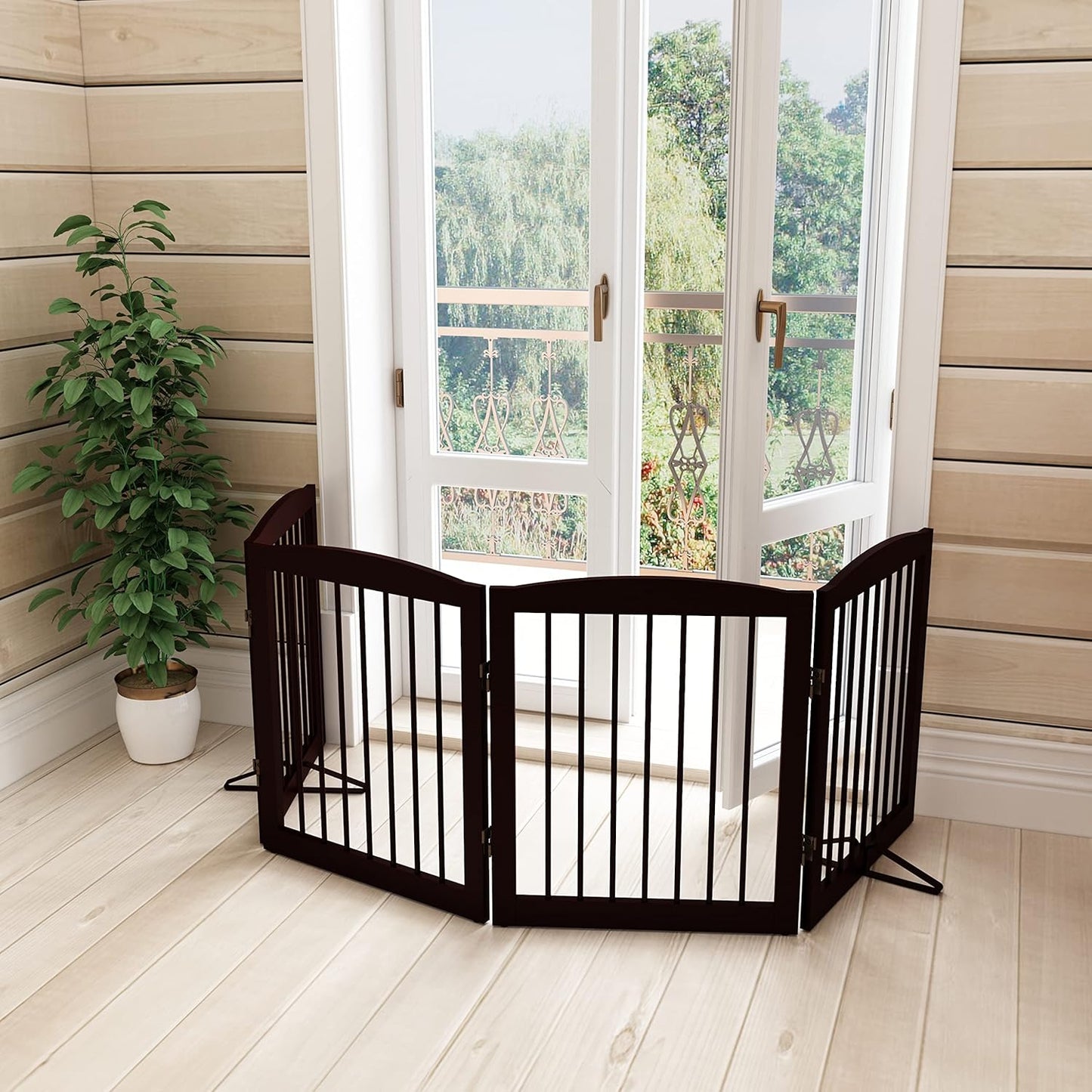 Freestanding Pet Gate for Dogs, Foldable Wooden Dog Gate for House, Indoor Dog Gate for Stair, Doorway, Gates for Dogs Indoor, 80 Inch Wide, 4 Panels 24",White