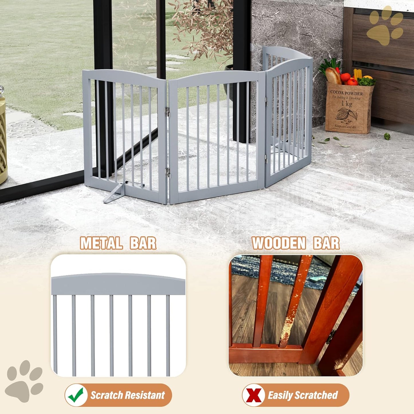 Freestanding Pet Gate for Dogs, Foldable Wooden Dog Gate for House, Indoor Dog Gate for Stair, Doorway, Gates for Dogs Indoor, 80 Inch Wide, 4 Panels 24",White