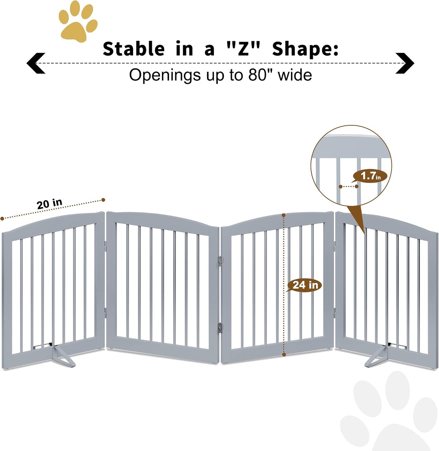Freestanding Pet Gate for Dogs, Foldable Wooden Dog Gate for House, Indoor Dog Gate for Stair, Doorway, Gates for Dogs Indoor, 80 Inch Wide, 4 Panels 24",White