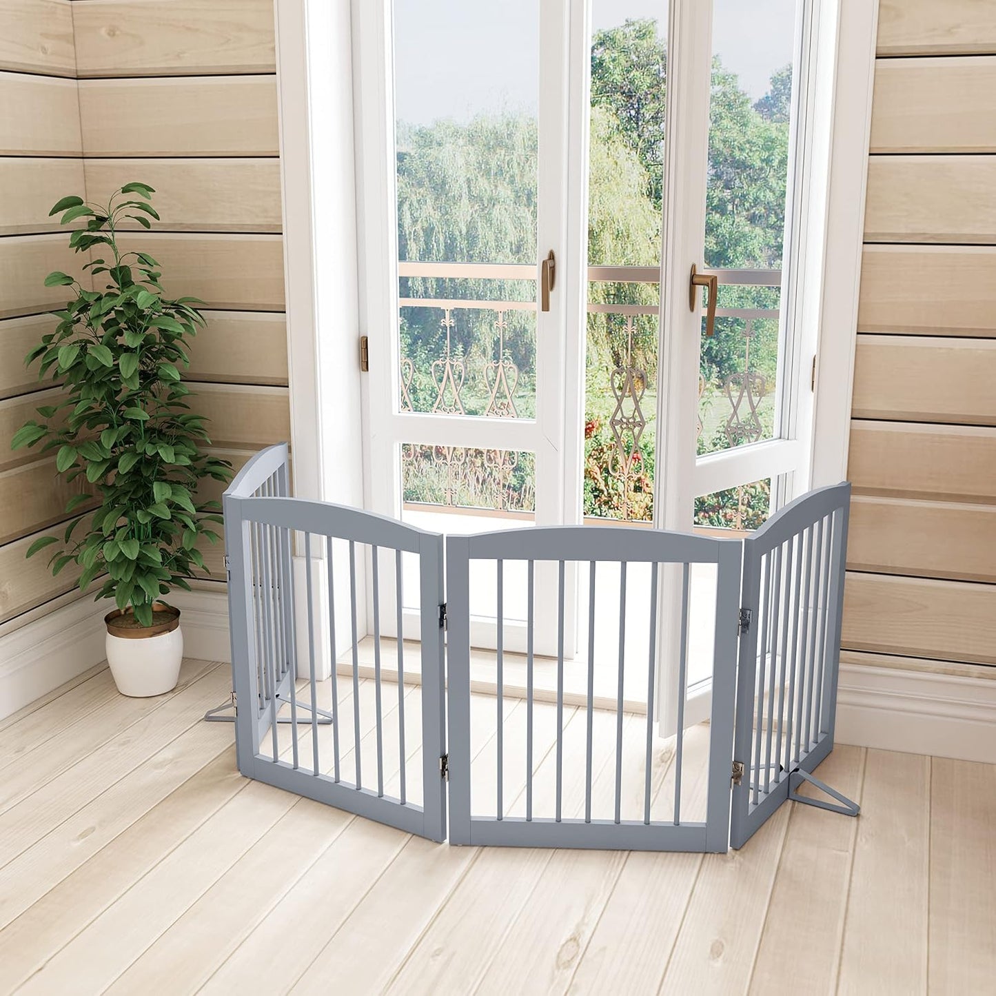 Freestanding Pet Gate for Dogs, Foldable Wooden Dog Gate for House, Indoor Dog Gate for Stair, Doorway, Gates for Dogs Indoor, 80 Inch Wide, 4 Panels 24",White