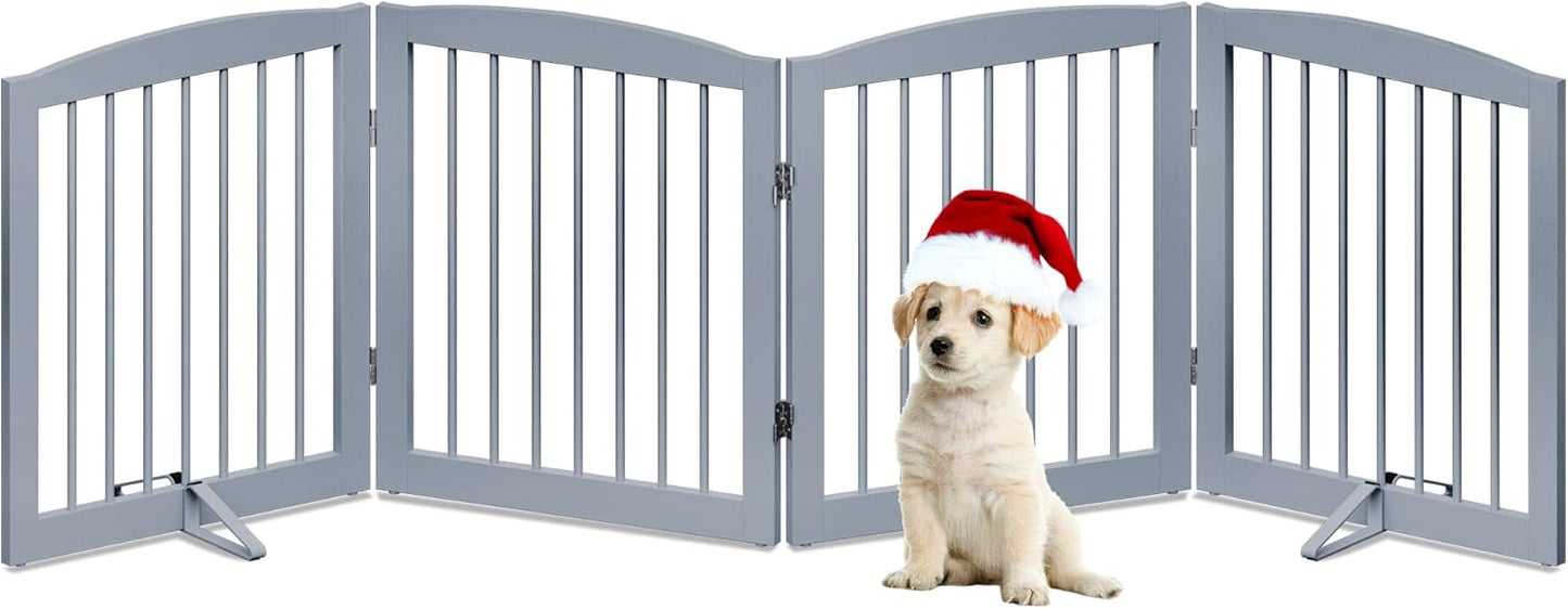 Freestanding Pet Gate for Dogs, Foldable Wooden Dog Gate for House, Indoor Dog Gate for Stair, Doorway, Gates for Dogs Indoor, 80 Inch Wide, 4 Panels 24",White