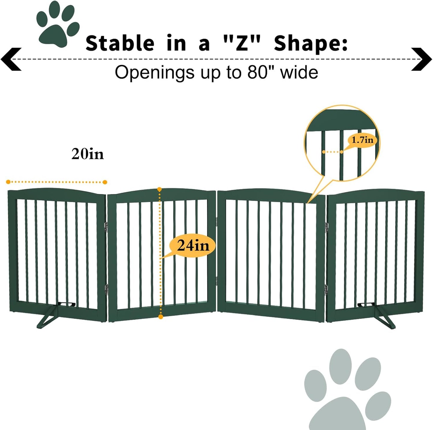 Freestanding Pet Gate for Dogs, Foldable Wooden Dog Gate for House, Indoor Dog Gate for Stair, Doorway, Gates for Dogs Indoor, 80 Inch Wide, 4 Panels 24",White