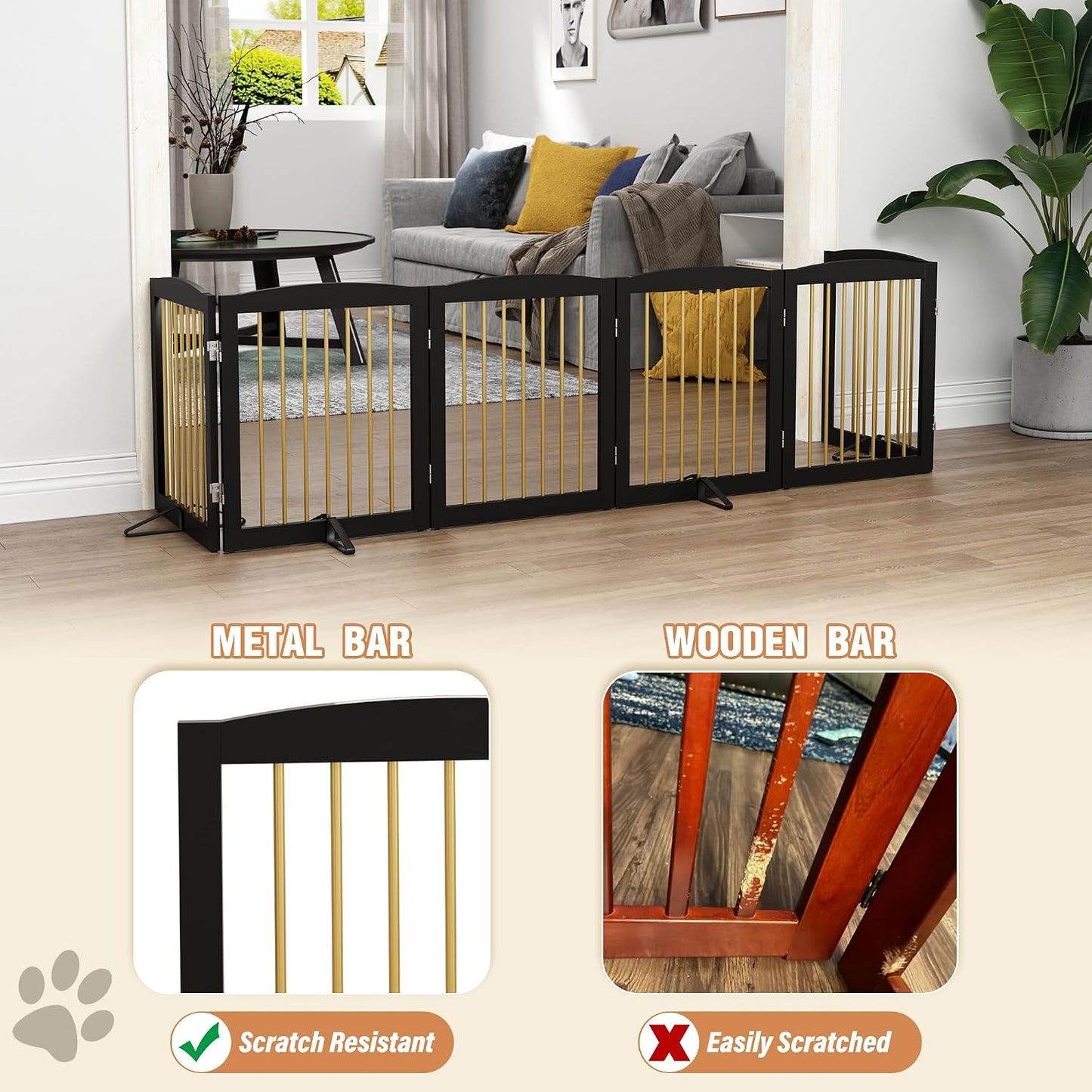 Freestanding Pet Gate for Dogs, Foldable Wooden Dog Gate for House, Indoor Dog Gate for Stair, Doorway, Gates for Dogs Indoor, 80 Inch Wide, 4 Panels 24",White