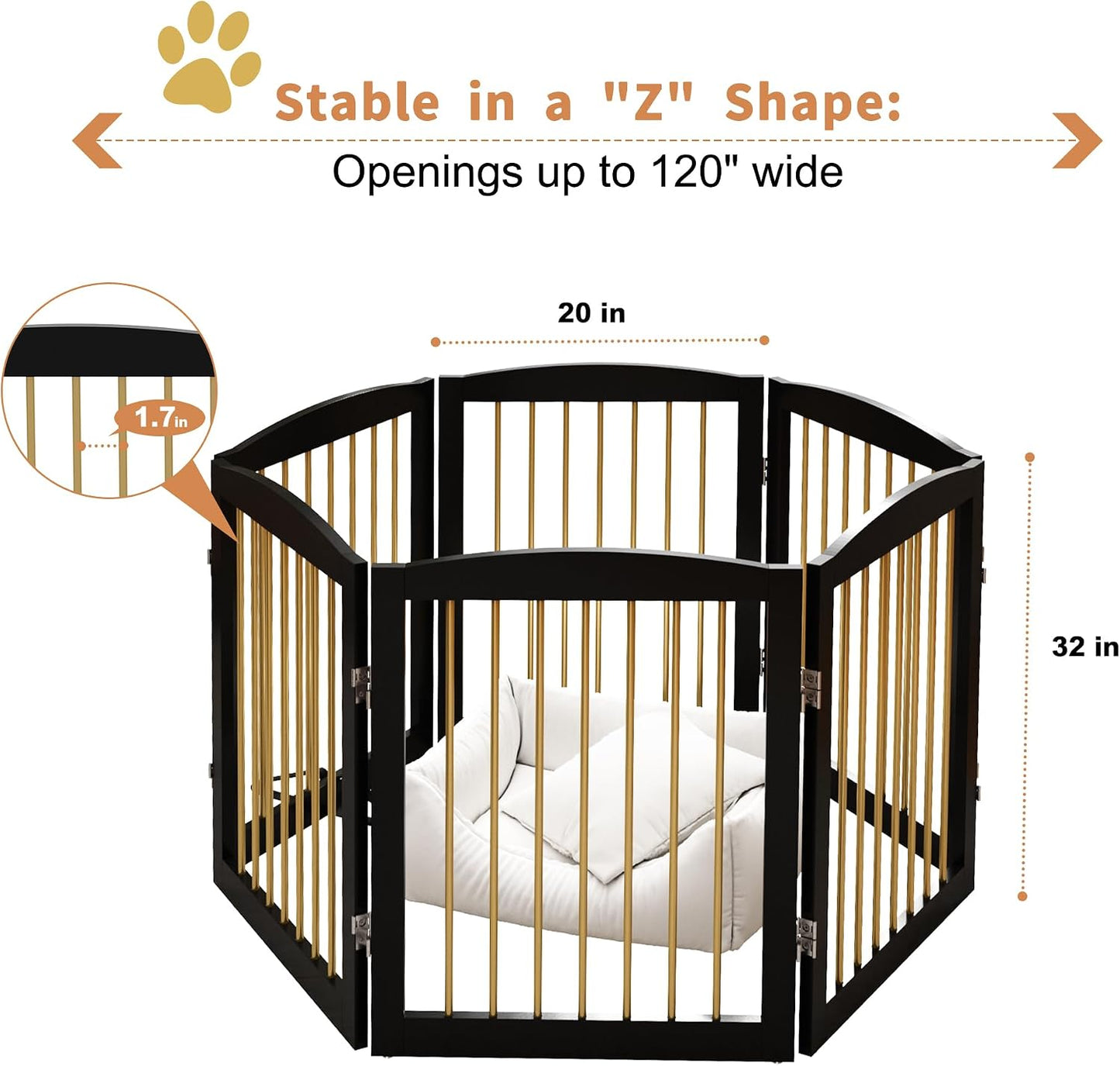 Freestanding Pet Gate for Dogs, Foldable Wooden Dog Gate for House, Indoor Dog Gate for Stair, Doorway, Gates for Dogs Indoor, 80 Inch Wide, 4 Panels 24",White