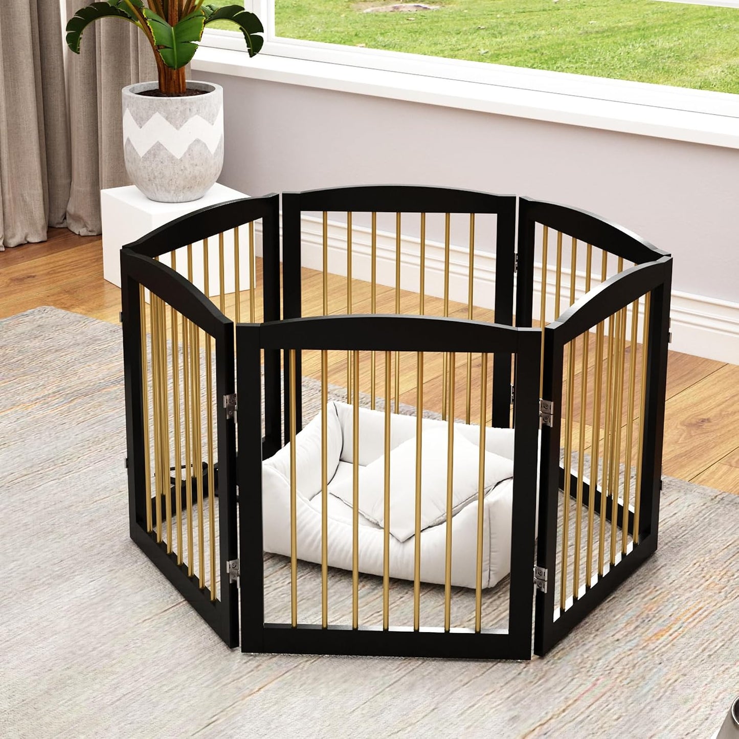 Freestanding Pet Gate for Dogs, Foldable Wooden Dog Gate for House, Indoor Dog Gate for Stair, Doorway, Gates for Dogs Indoor, 80 Inch Wide, 4 Panels 24",White