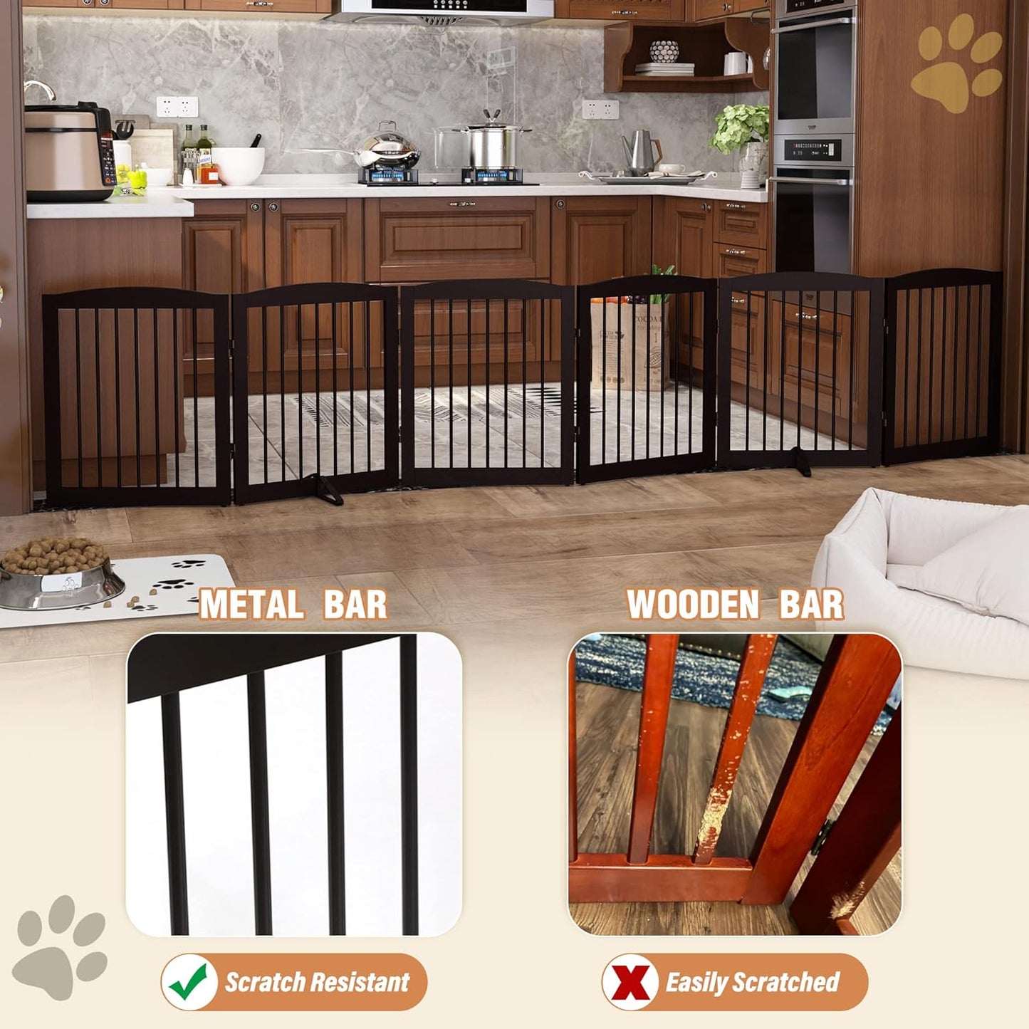 Freestanding Pet Gate for Dogs, Foldable Wooden Dog Gate for House, Indoor Dog Gate for Stair, Doorway, Gates for Dogs Indoor, 80 Inch Wide, 4 Panels 24",White