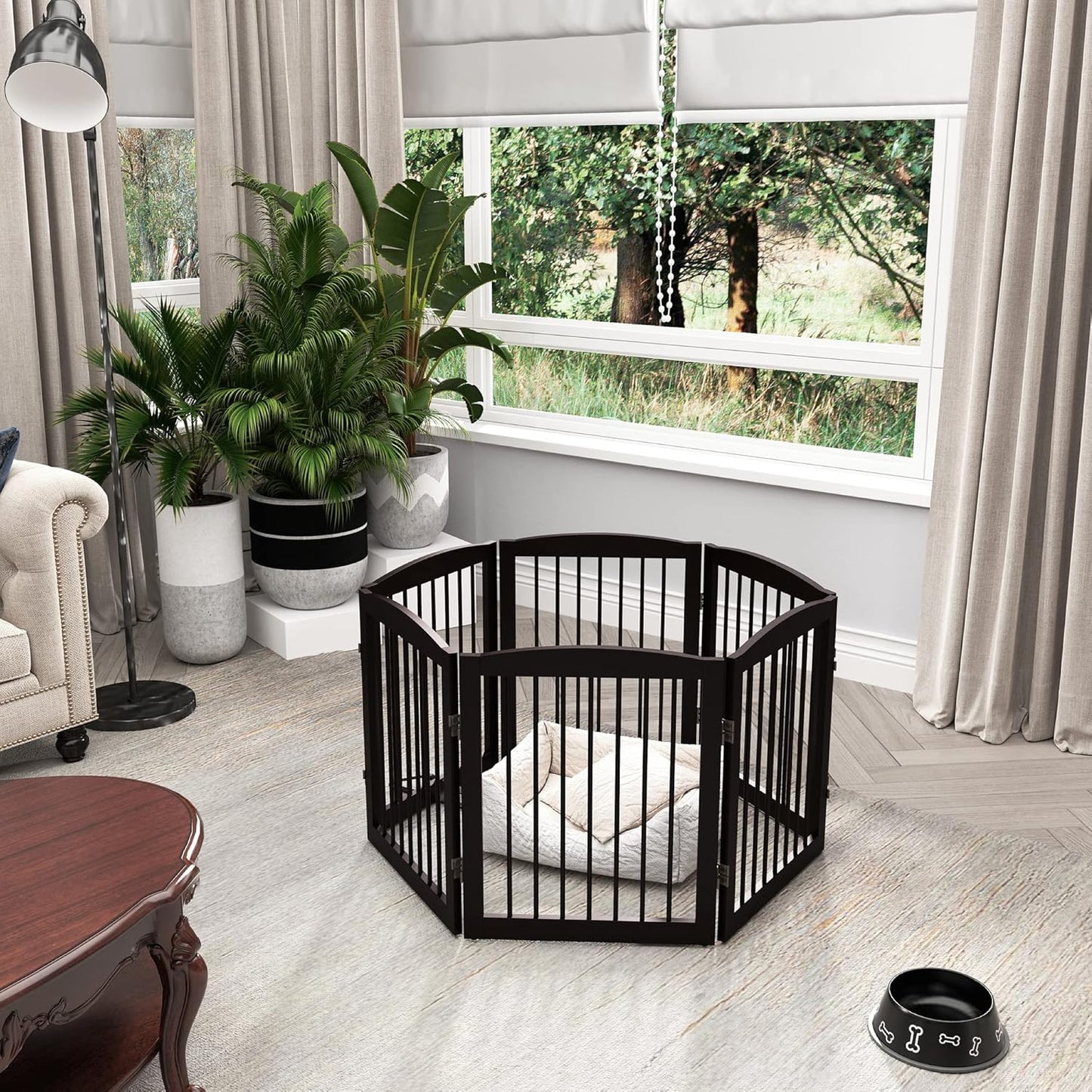 Freestanding Pet Gate for Dogs, Foldable Wooden Dog Gate for House, Indoor Dog Gate for Stair, Doorway, Gates for Dogs Indoor, 80 Inch Wide, 4 Panels 24",White