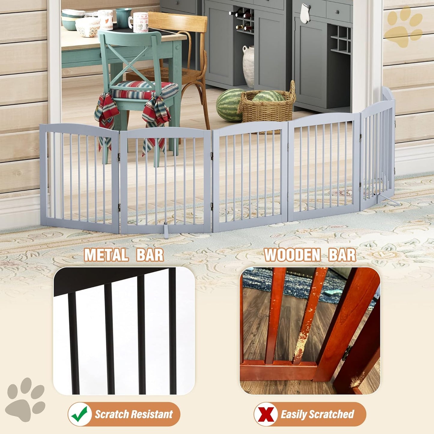 Freestanding Pet Gate for Dogs, Foldable Wooden Dog Gate for House, Indoor Dog Gate for Stair, Doorway, Gates for Dogs Indoor, 80 Inch Wide, 4 Panels 24",White