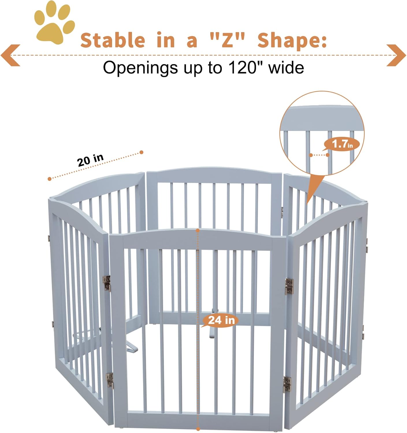 Freestanding Pet Gate for Dogs, Foldable Wooden Dog Gate for House, Indoor Dog Gate for Stair, Doorway, Gates for Dogs Indoor, 80 Inch Wide, 4 Panels 24",White