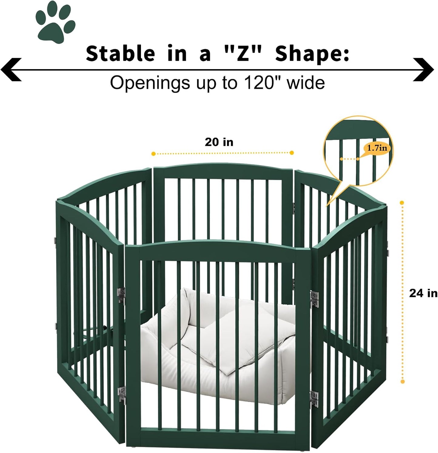 Freestanding Pet Gate for Dogs, Foldable Wooden Dog Gate for House, Indoor Dog Gate for Stair, Doorway, Gates for Dogs Indoor, 80 Inch Wide, 4 Panels 24",White