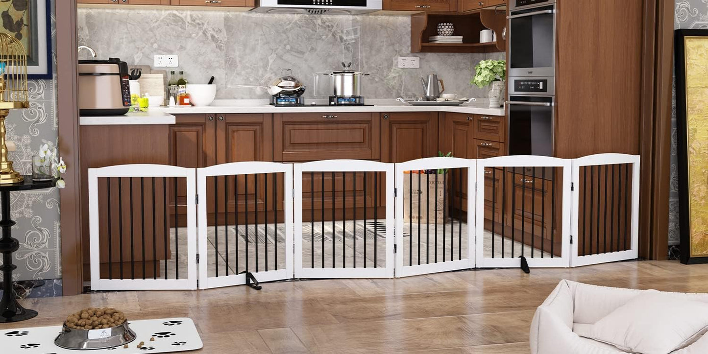 Freestanding Pet Gate for Dogs, Foldable Wooden Dog Gate for House, Indoor Dog Gate for Stair, Doorway, Gates for Dogs Indoor, 80 Inch Wide, 4 Panels 24",White