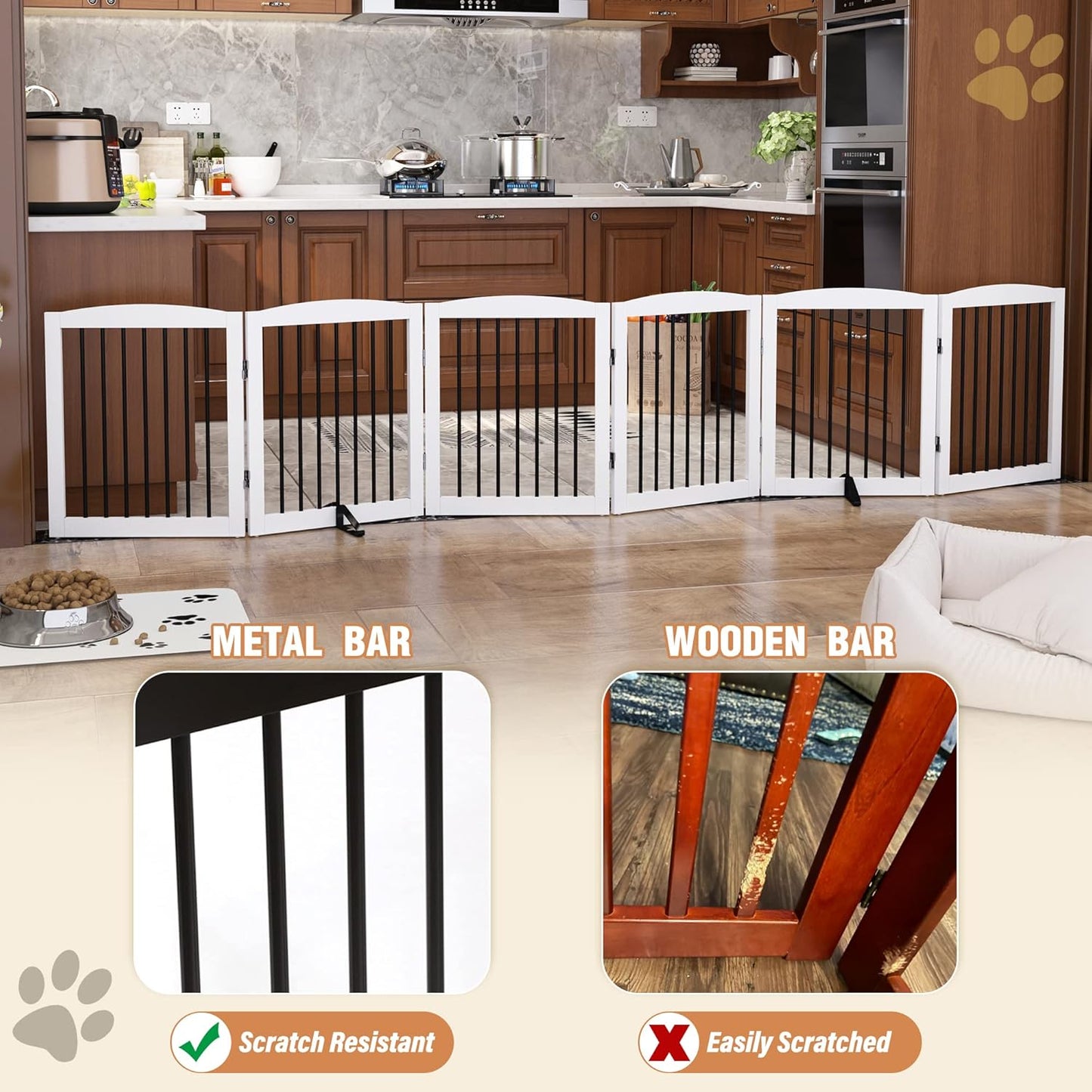 Freestanding Pet Gate for Dogs, Foldable Wooden Dog Gate for House, Indoor Dog Gate for Stair, Doorway, Gates for Dogs Indoor, 80 Inch Wide, 4 Panels 24",White