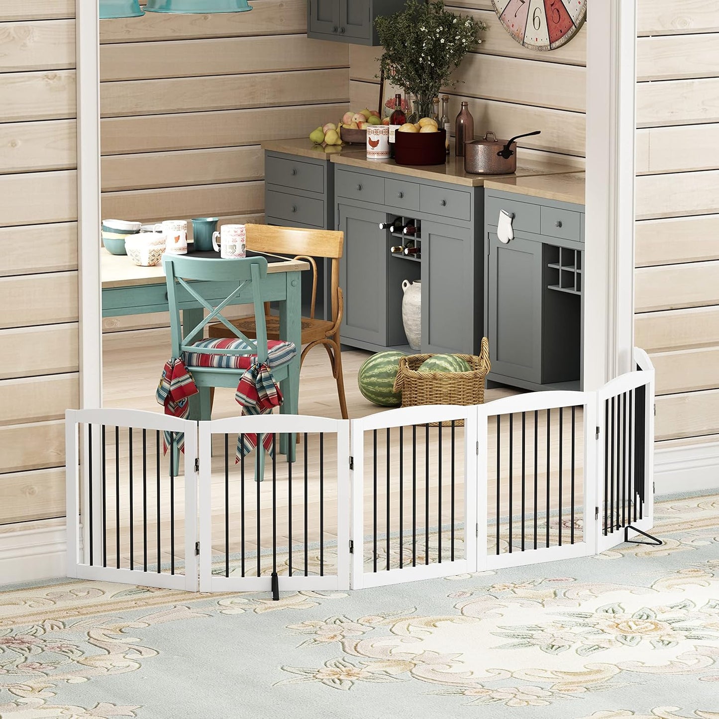 Freestanding Pet Gate for Dogs, Foldable Wooden Dog Gate for House, Indoor Dog Gate for Stair, Doorway, Gates for Dogs Indoor, 80 Inch Wide, 4 Panels 24",White