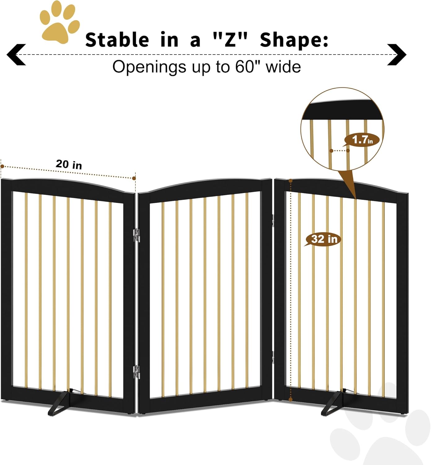 Freestanding Pet Gate for Dogs, Foldable Wooden Dog Gate for House, Indoor Dog Gate for Stair, Doorway, Gates for Dogs Indoor, 80 Inch Wide, 4 Panels 24",White