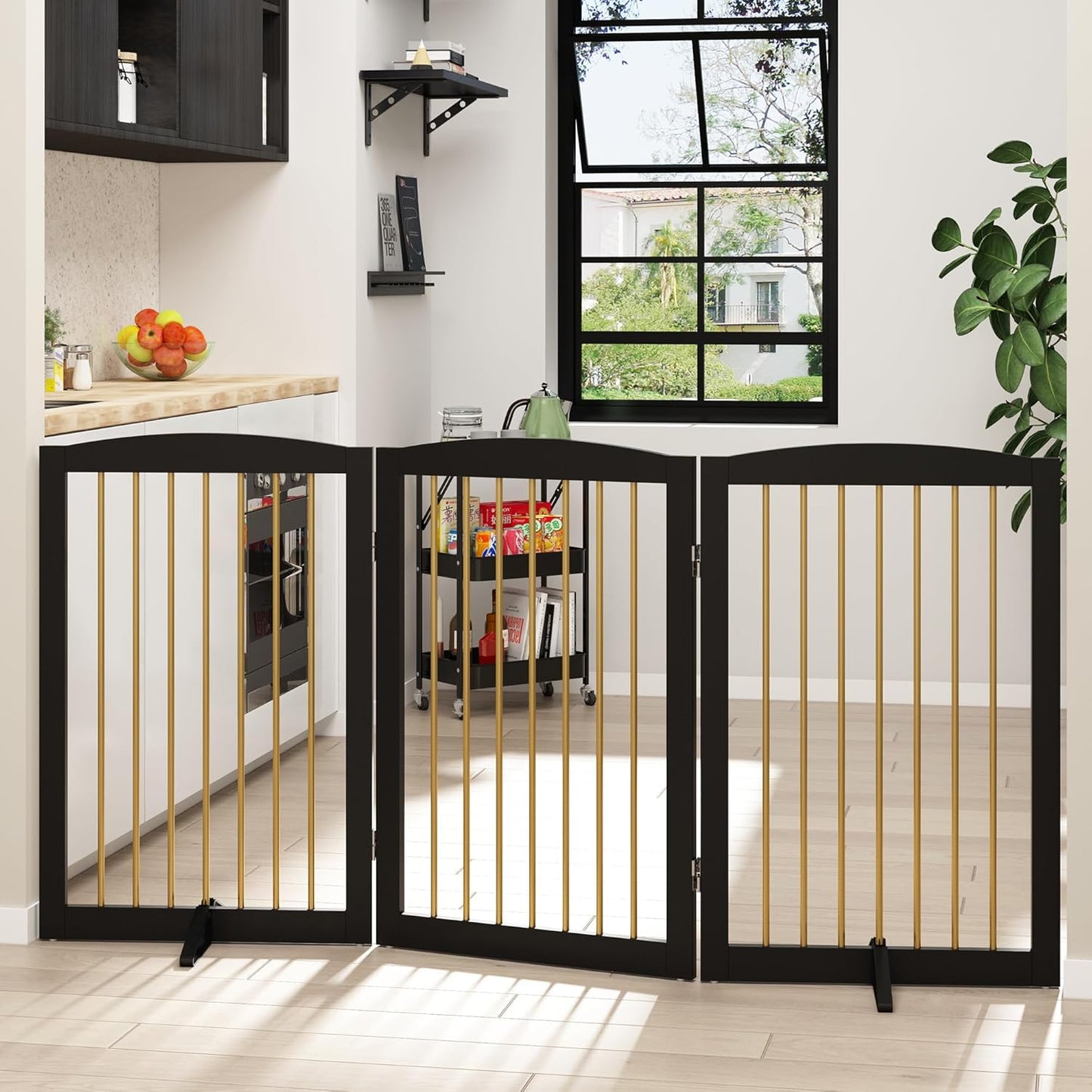 Freestanding Pet Gate for Dogs, Foldable Wooden Dog Gate for House, Indoor Dog Gate for Stair, Doorway, Gates for Dogs Indoor, 80 Inch Wide, 4 Panels 24",White