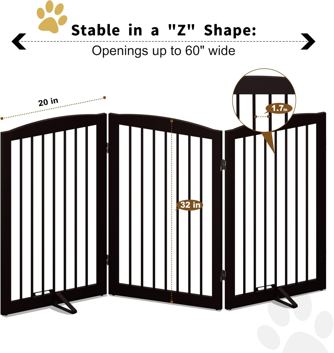 Freestanding Pet Gate for Dogs, Foldable Wooden Dog Gate for House, Indoor Dog Gate for Stair, Doorway, Gates for Dogs Indoor, 80 Inch Wide, 4 Panels 24",White