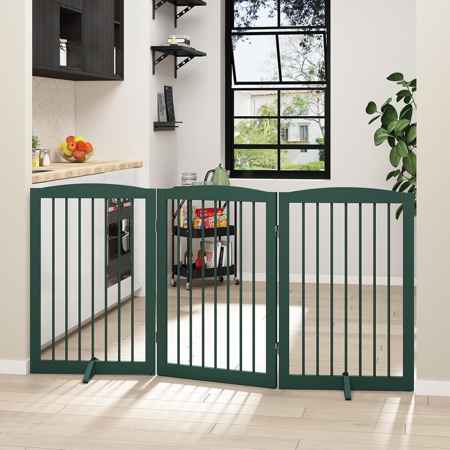 Freestanding Pet Gate for Dogs, Foldable Wooden Dog Gate for House, Indoor Dog Gate for Stair, Doorway, Gates for Dogs Indoor, 80 Inch Wide, 4 Panels 24",White
