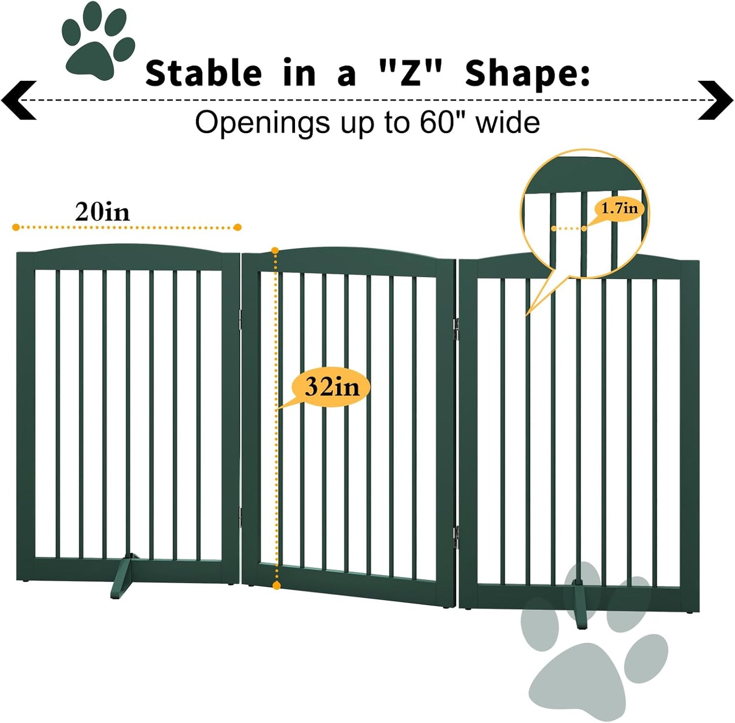 Freestanding Pet Gate for Dogs, Foldable Wooden Dog Gate for House, Indoor Dog Gate for Stair, Doorway, Gates for Dogs Indoor, 80 Inch Wide, 4 Panels 24",White