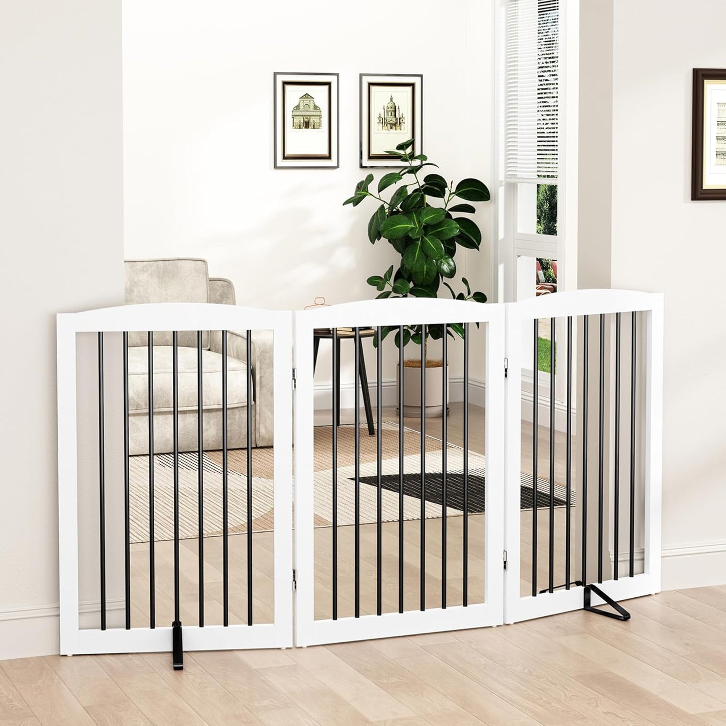 Freestanding Pet Gate for Dogs, Foldable Wooden Dog Gate for House, Indoor Dog Gate for Stair, Doorway, Gates for Dogs Indoor, 80 Inch Wide, 4 Panels 24",White