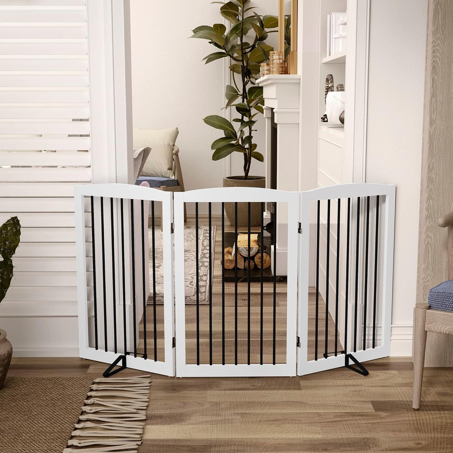 Freestanding Pet Gate for Dogs, Foldable Wooden Dog Gate for House, Indoor Dog Gate for Stair, Doorway, Gates for Dogs Indoor, 80 Inch Wide, 4 Panels 24",White
