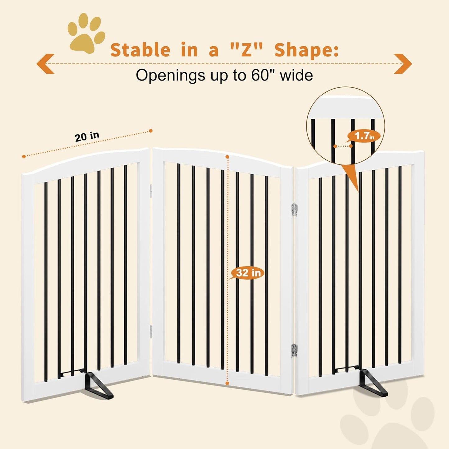 Freestanding Pet Gate for Dogs, Foldable Wooden Dog Gate for House, Indoor Dog Gate for Stair, Doorway, Gates for Dogs Indoor, 80 Inch Wide, 4 Panels 24",White