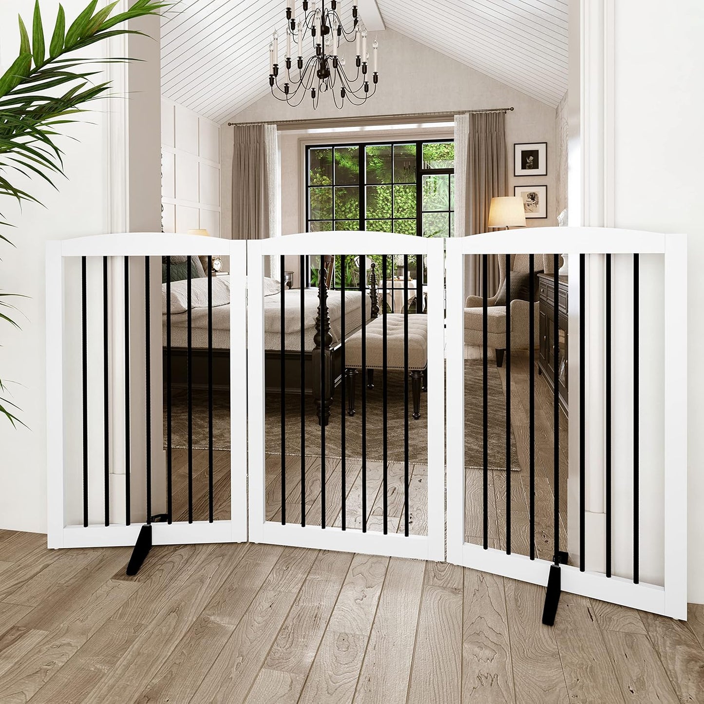 Freestanding Pet Gate for Dogs, Foldable Wooden Dog Gate for House, Indoor Dog Gate for Stair, Doorway, Gates for Dogs Indoor, 80 Inch Wide, 4 Panels 24",White