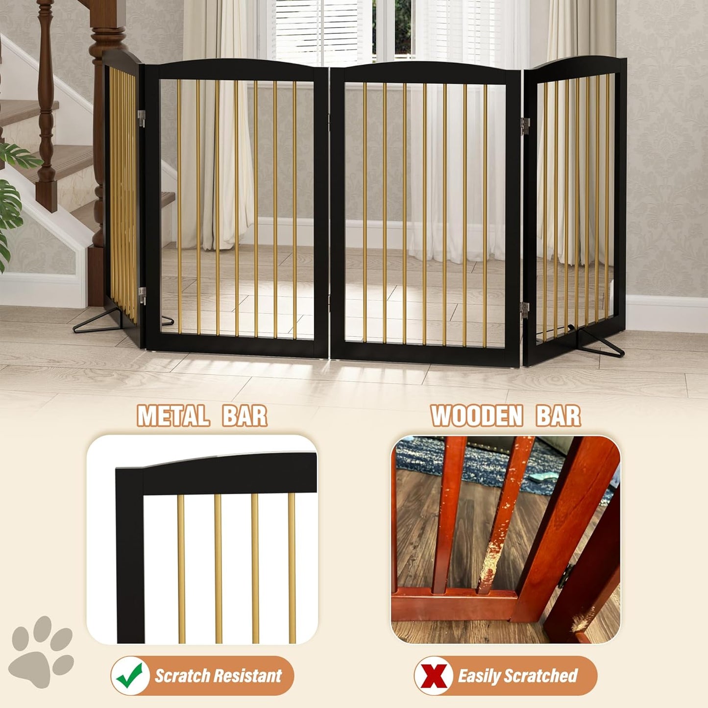 Freestanding Pet Gate for Dogs, Foldable Wooden Dog Gate for House, Indoor Dog Gate for Stair, Doorway, Gates for Dogs Indoor, 80 Inch Wide, 4 Panels 24",White