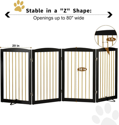Freestanding Pet Gate for Dogs, Foldable Wooden Dog Gate for House, Indoor Dog Gate for Stair, Doorway, Gates for Dogs Indoor, 80 Inch Wide, 4 Panels 24",White