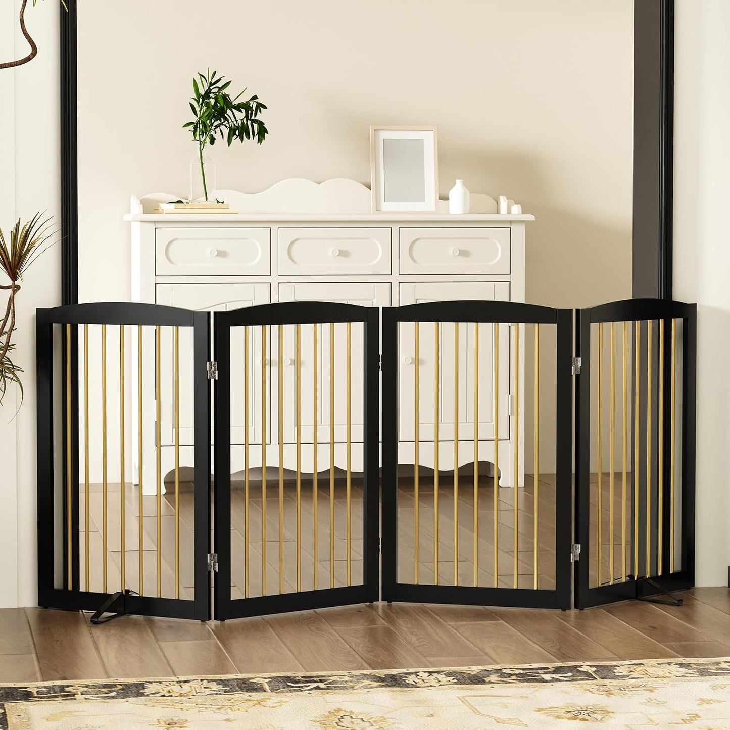 Freestanding Pet Gate for Dogs, Foldable Wooden Dog Gate for House, Indoor Dog Gate for Stair, Doorway, Gates for Dogs Indoor, 80 Inch Wide, 4 Panels 24",White