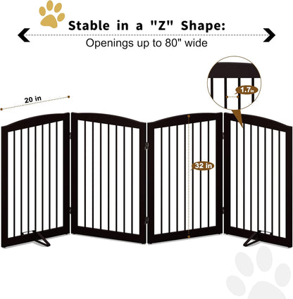 Freestanding Pet Gate for Dogs, Foldable Wooden Dog Gate for House, Indoor Dog Gate for Stair, Doorway, Gates for Dogs Indoor, 80 Inch Wide, 4 Panels 24",White
