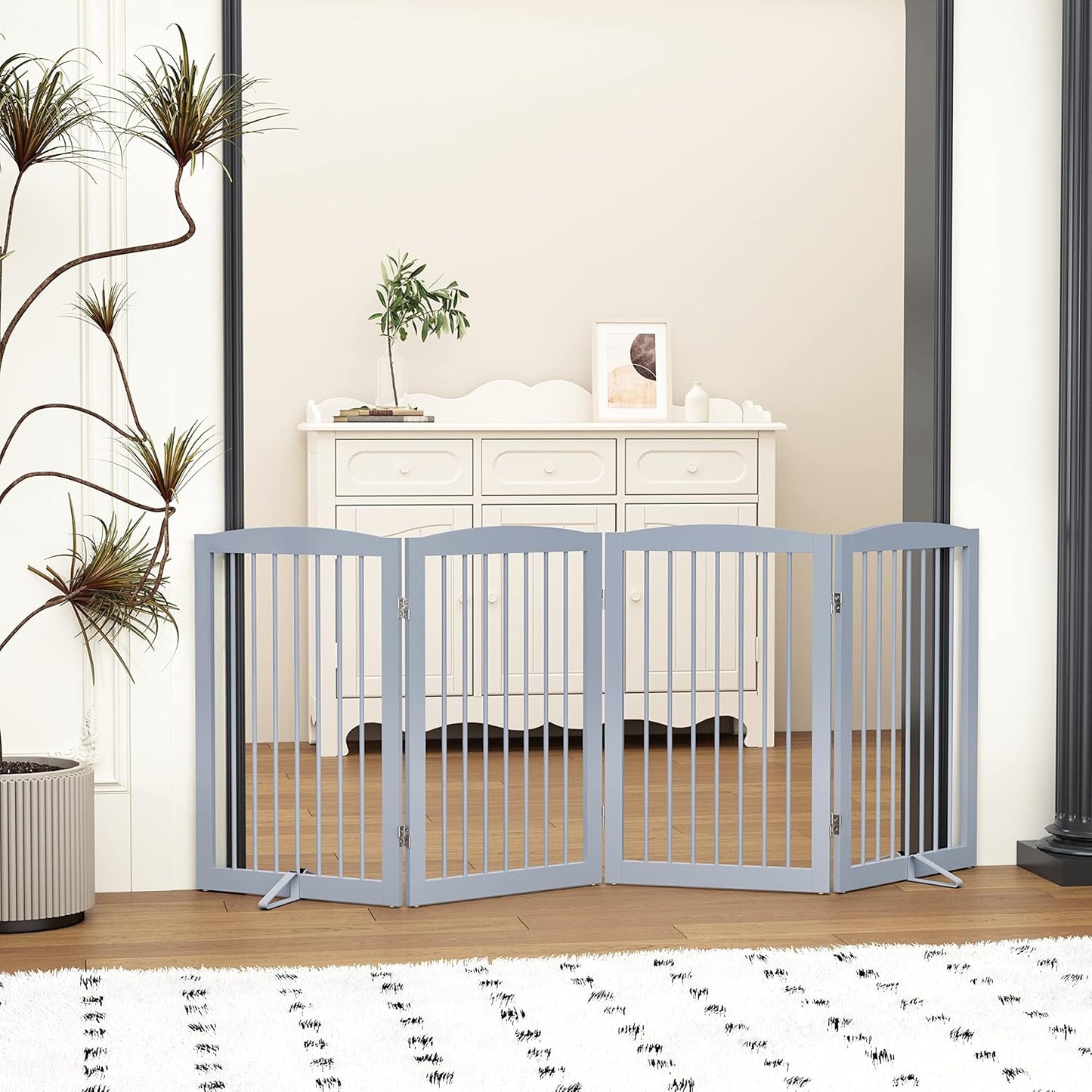 Freestanding Pet Gate for Dogs, Foldable Wooden Dog Gate for House, Indoor Dog Gate for Stair, Doorway, Gates for Dogs Indoor, 80 Inch Wide, 4 Panels 24",White