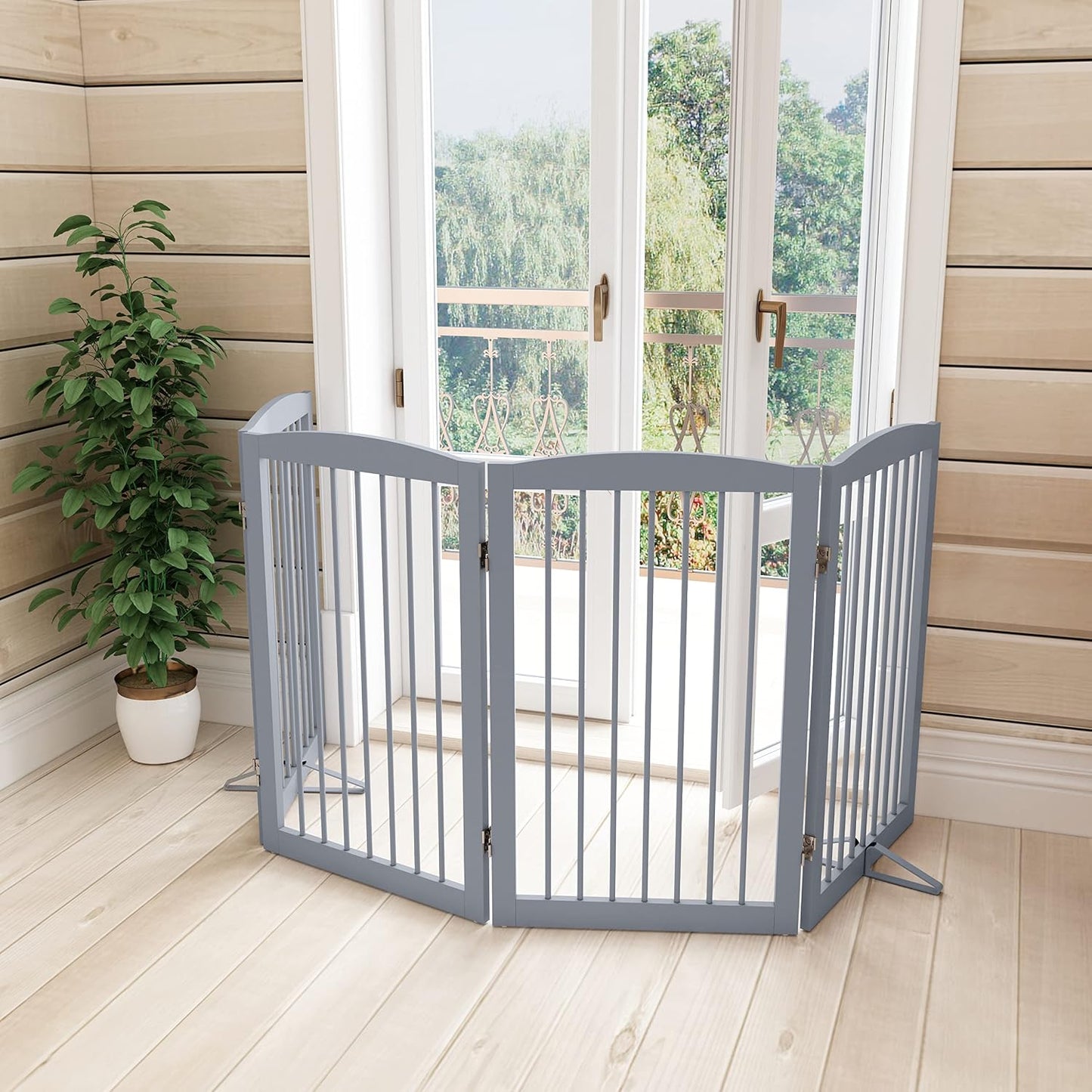 Freestanding Pet Gate for Dogs, Foldable Wooden Dog Gate for House, Indoor Dog Gate for Stair, Doorway, Gates for Dogs Indoor, 80 Inch Wide, 4 Panels 24",White