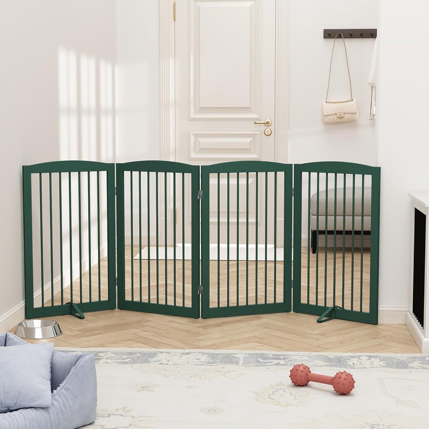 Freestanding Pet Gate for Dogs, Foldable Wooden Dog Gate for House, Indoor Dog Gate for Stair, Doorway, Gates for Dogs Indoor, 80 Inch Wide, 4 Panels 24",White