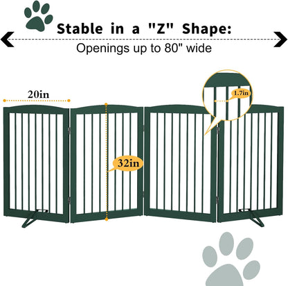 Freestanding Pet Gate for Dogs, Foldable Wooden Dog Gate for House, Indoor Dog Gate for Stair, Doorway, Gates for Dogs Indoor, 80 Inch Wide, 4 Panels 24",White