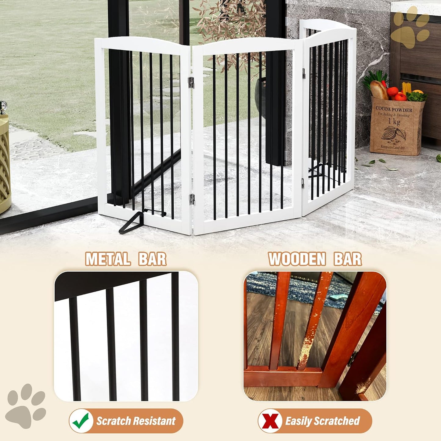 Freestanding Pet Gate for Dogs, Foldable Wooden Dog Gate for House, Indoor Dog Gate for Stair, Doorway, Gates for Dogs Indoor, 80 Inch Wide, 4 Panels 24",White