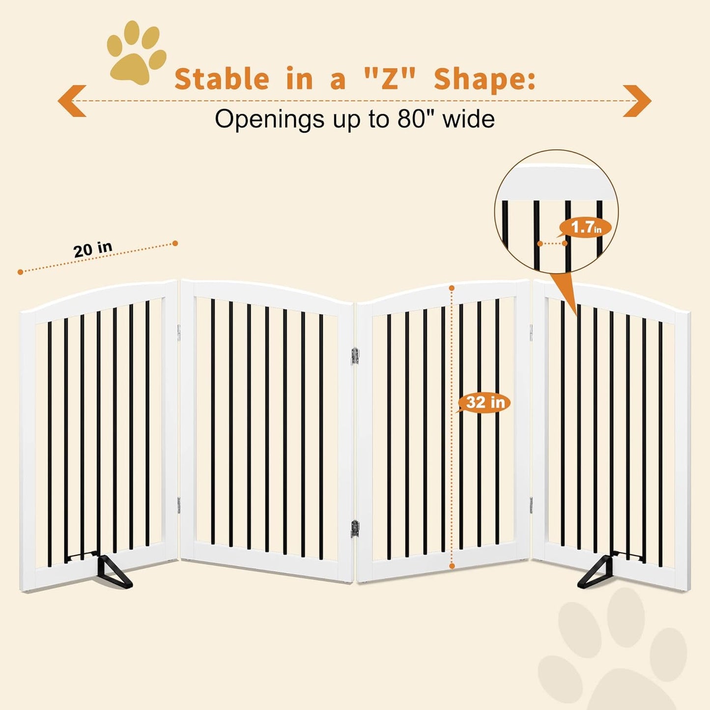 Freestanding Pet Gate for Dogs, Foldable Wooden Dog Gate for House, Indoor Dog Gate for Stair, Doorway, Gates for Dogs Indoor, 80 Inch Wide, 4 Panels 24",White