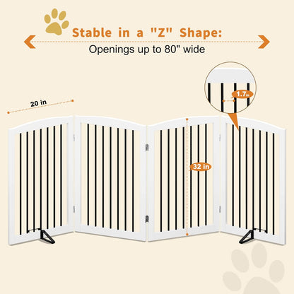 Freestanding Pet Gate for Dogs, Foldable Wooden Dog Gate for House, Indoor Dog Gate for Stair, Doorway, Gates for Dogs Indoor, 80 Inch Wide, 4 Panels 24",White