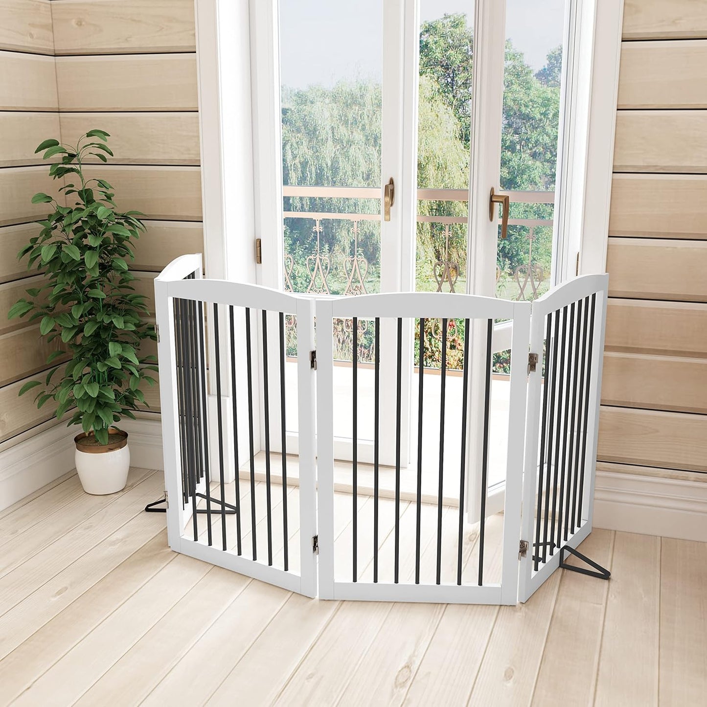 Freestanding Pet Gate for Dogs, Foldable Wooden Dog Gate for House, Indoor Dog Gate for Stair, Doorway, Gates for Dogs Indoor, 80 Inch Wide, 4 Panels 24",White