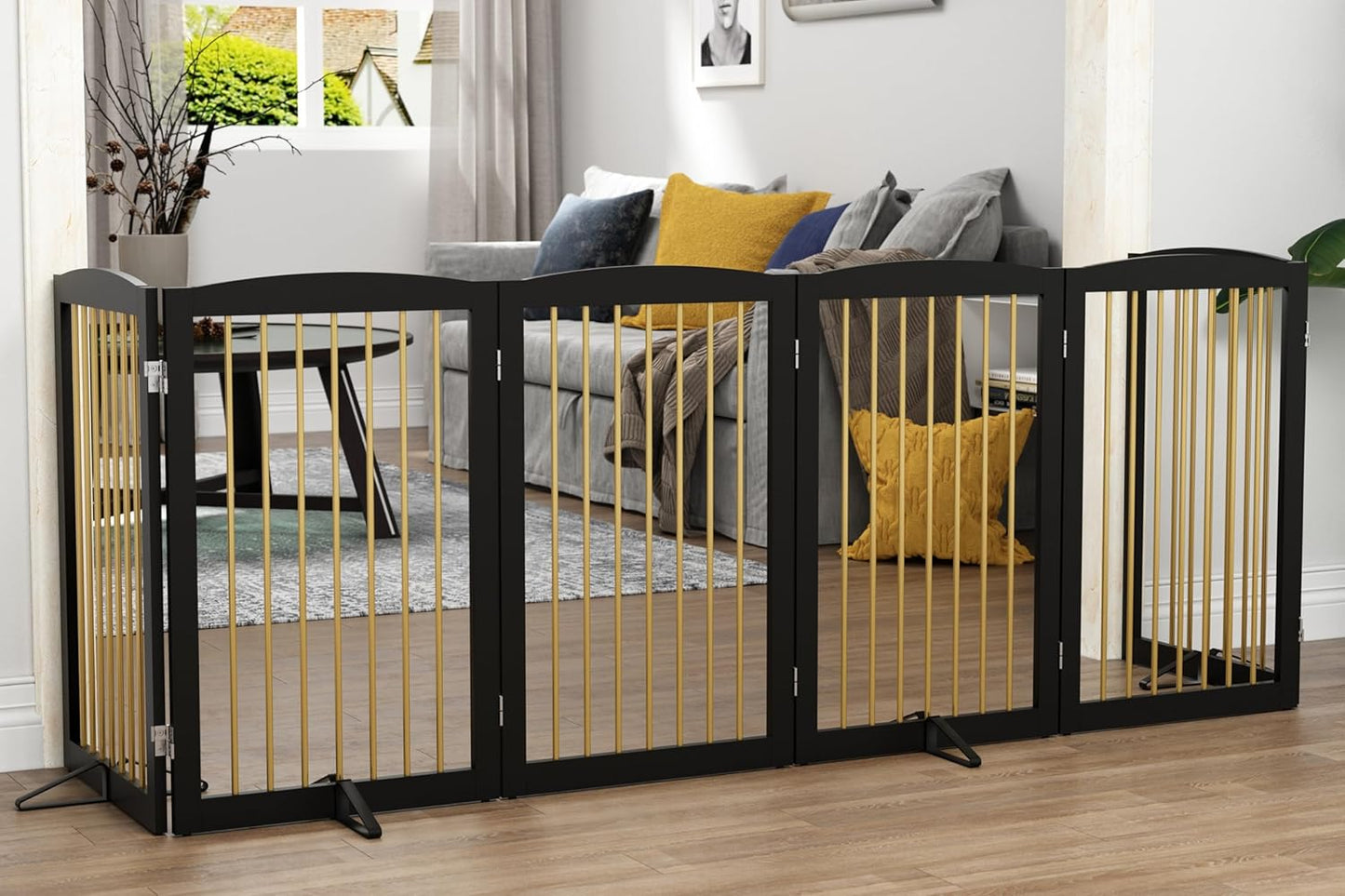Freestanding Pet Gate for Dogs, Foldable Wooden Dog Gate for House, Indoor Dog Gate for Stair, Doorway, Gates for Dogs Indoor, 80 Inch Wide, 4 Panels 24",White