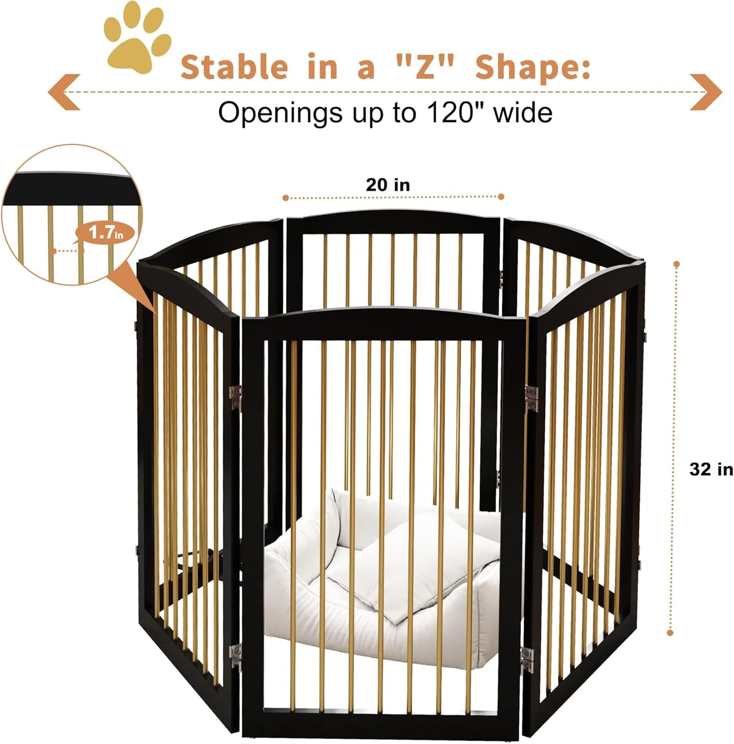 Freestanding Pet Gate for Dogs, Foldable Wooden Dog Gate for House, Indoor Dog Gate for Stair, Doorway, Gates for Dogs Indoor, 80 Inch Wide, 4 Panels 24",White