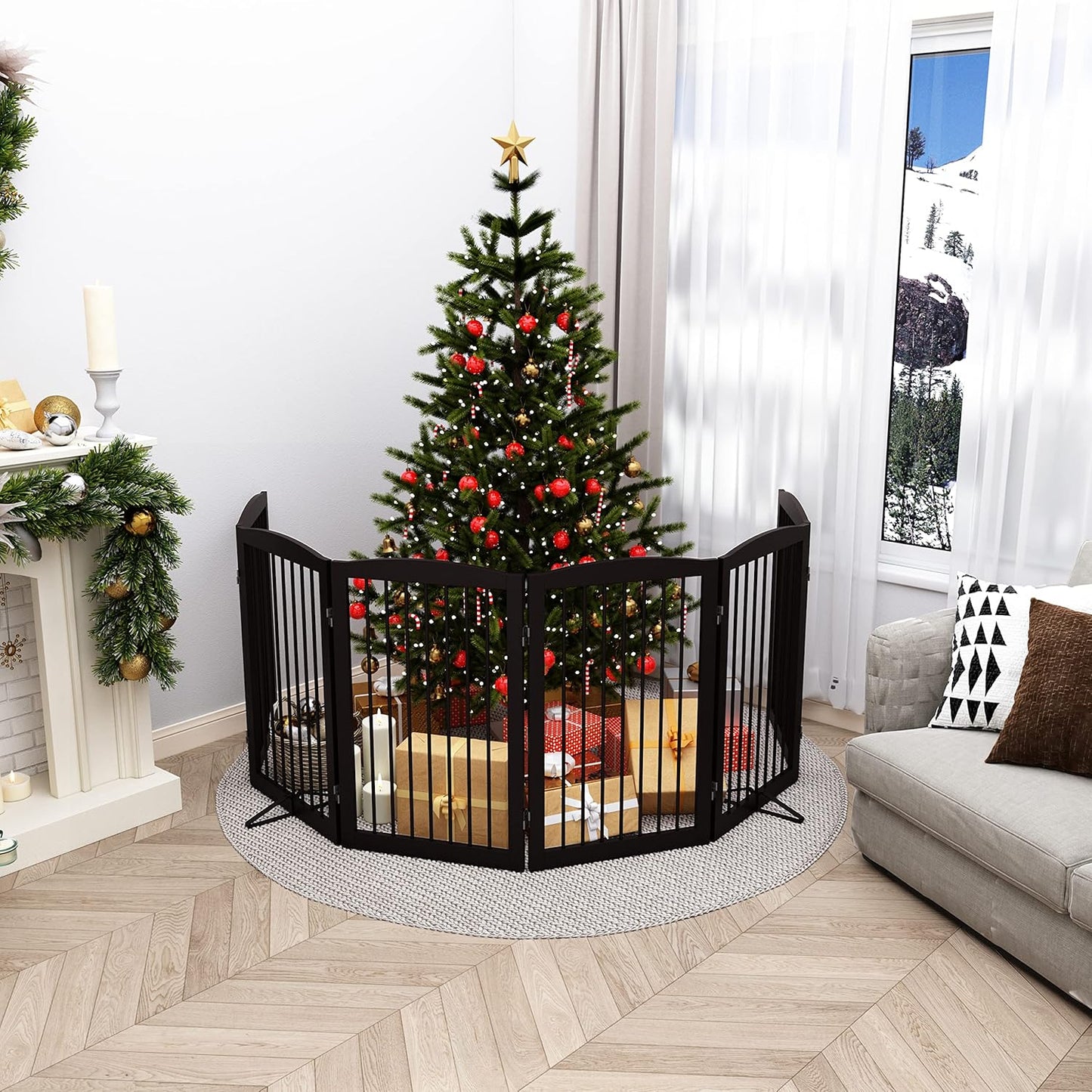 Freestanding Pet Gate for Dogs, Foldable Wooden Dog Gate for House, Indoor Dog Gate for Stair, Doorway, Gates for Dogs Indoor, 80 Inch Wide, 4 Panels 24",White