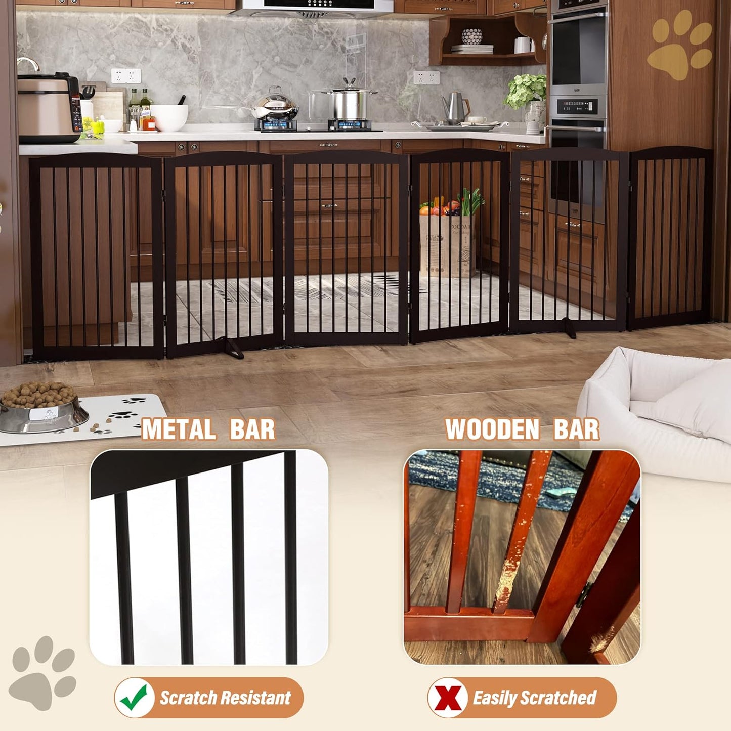 Freestanding Pet Gate for Dogs, Foldable Wooden Dog Gate for House, Indoor Dog Gate for Stair, Doorway, Gates for Dogs Indoor, 80 Inch Wide, 4 Panels 24",White