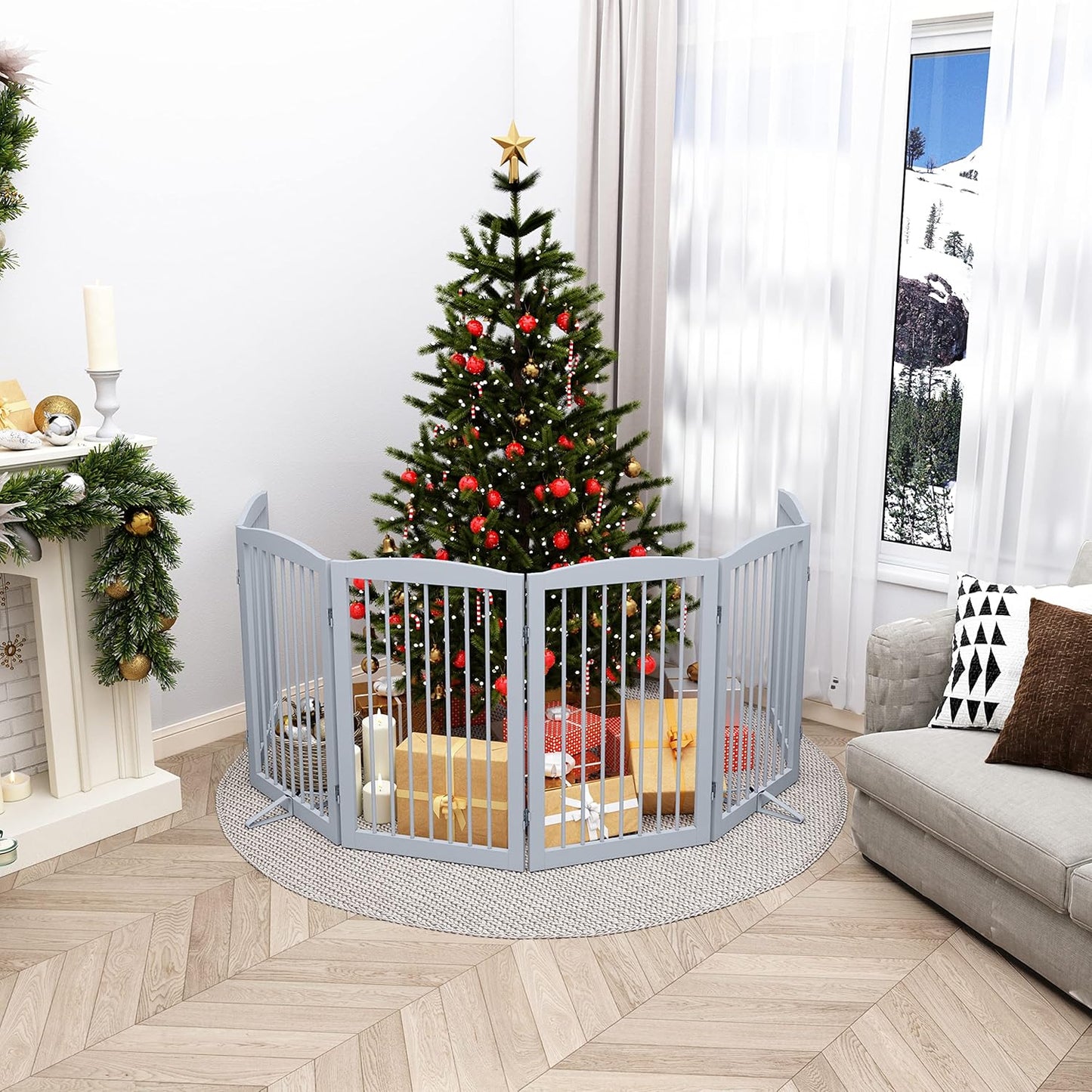 Freestanding Pet Gate for Dogs, Foldable Wooden Dog Gate for House, Indoor Dog Gate for Stair, Doorway, Gates for Dogs Indoor, 80 Inch Wide, 4 Panels 24",White