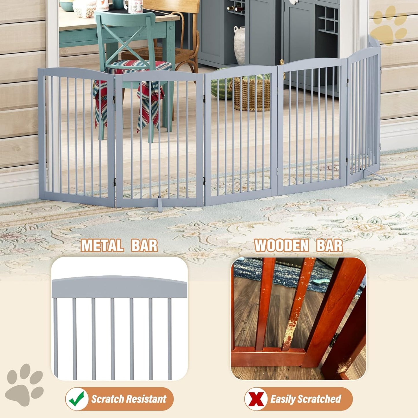 Freestanding Pet Gate for Dogs, Foldable Wooden Dog Gate for House, Indoor Dog Gate for Stair, Doorway, Gates for Dogs Indoor, 80 Inch Wide, 4 Panels 24",White