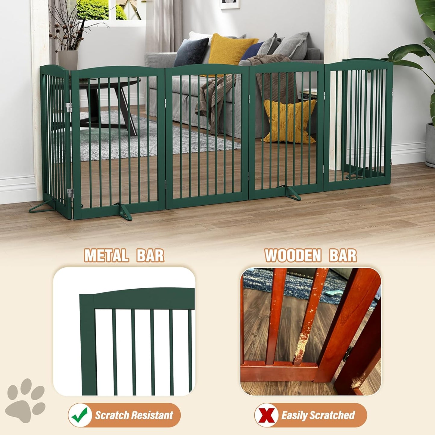 Freestanding Pet Gate for Dogs, Foldable Wooden Dog Gate for House, Indoor Dog Gate for Stair, Doorway, Gates for Dogs Indoor, 80 Inch Wide, 4 Panels 24",White